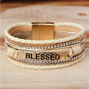 Blessed Rhinestone Leather Layered Bracelet